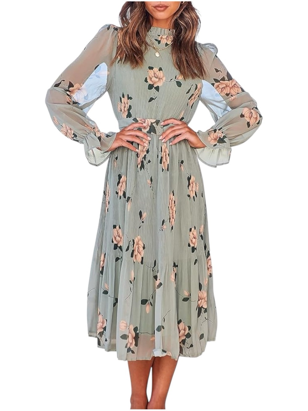 Anrabess Sage Green Floral Pleated Dress Ruffle Mock Neck Long Sleeve - Medium